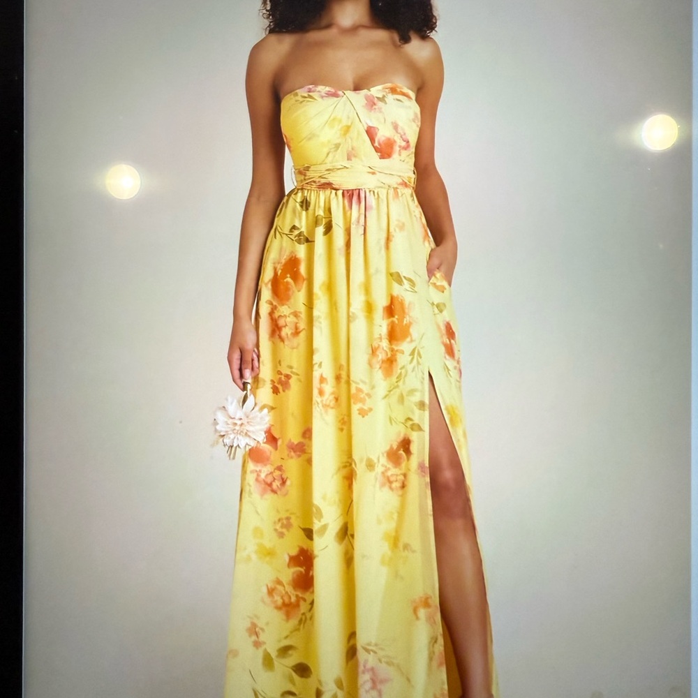 Birdy Grey Strapless Floral Yellow Dress, NWT, Size M